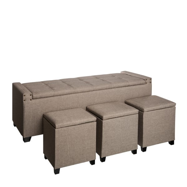 Béžový set lavice s úložným prostorem a 3 taburetů Ixia Retro