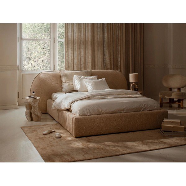 Krémová čalouněná dvoulůžková postel s úložným prostorem s roštem 180x200 cm Ovalo – Micadoni -image-1