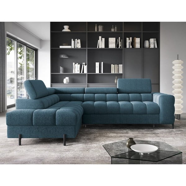 Modrá rozkládací/s úložným prostorem rohová pohovka z textilie bouclé (levý roh/do L) Ferucce – ELTAP-image-1
