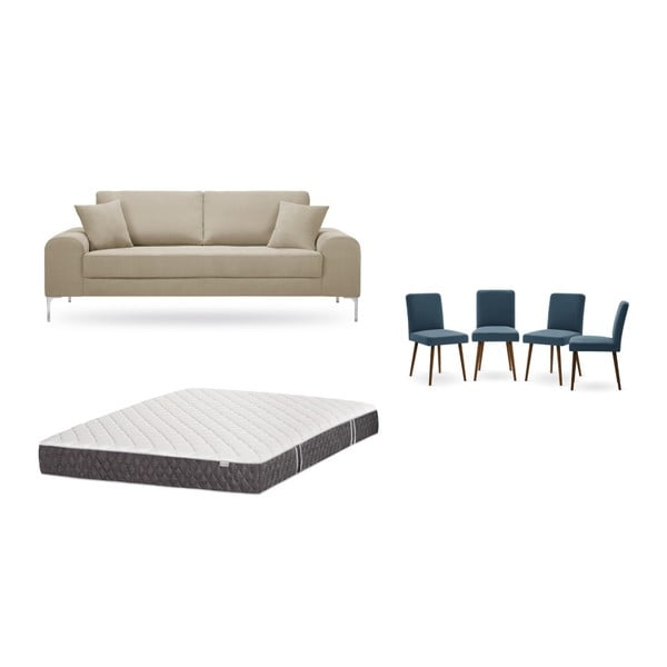 Set třímístné šedobéžové pohovky, 4 modrých židlí a matrace 160 x 200 cm Home Essentials