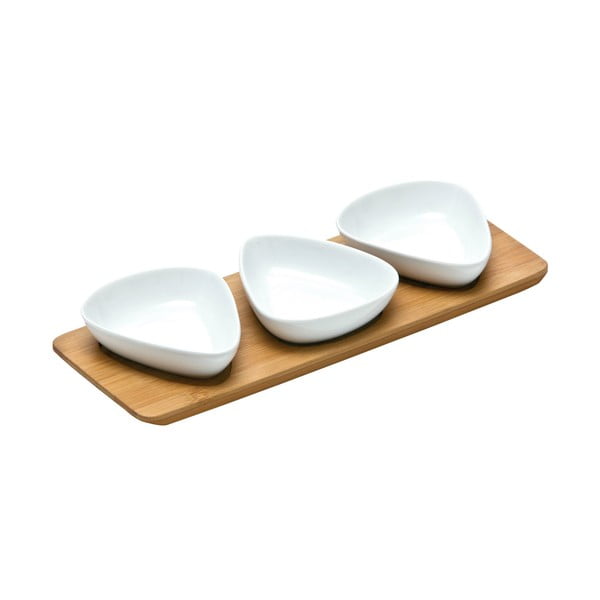 Sada 3 servírovacích porcelánových misek na bambusovém tácku Premier Housewares Trio Snacks