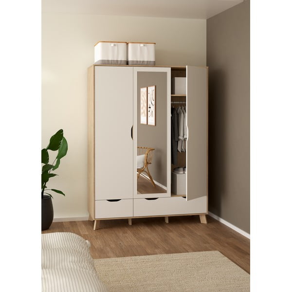 Bílá/v přírodní barvě šatní skříň v dekoru dubu se zrcadlem 147x201x58 cm Ikast – Tvilum-image-2