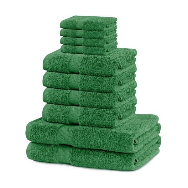 Tmavě zelené froté bavlněné ručníky a osušky v sadě 10 ks Marina – Restilo