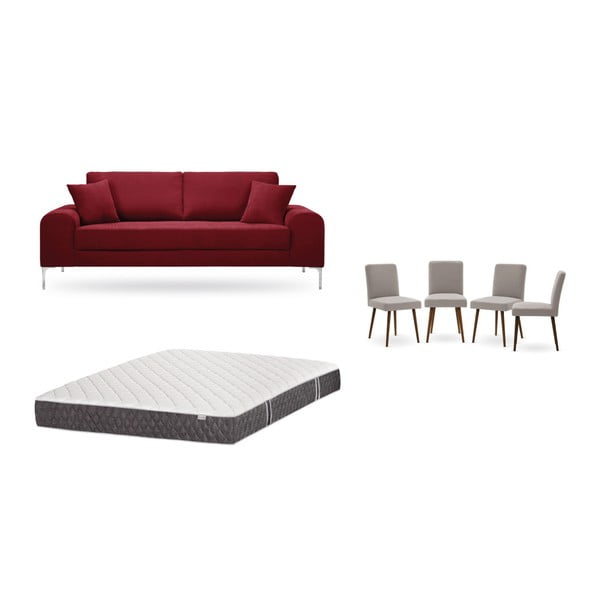 Set třímístné červené pohovky, 4 šedobéžových židlí a matrace 160 x 200 cm Home Essentials
