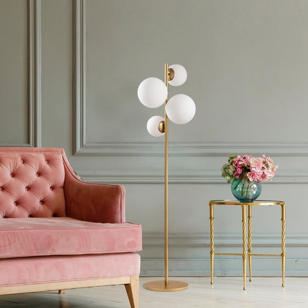 Bílá/v mosazné barvě stojací lampa se skleněným stínidlem (výška 162 cm) Fazli – Opviq lights-image-3