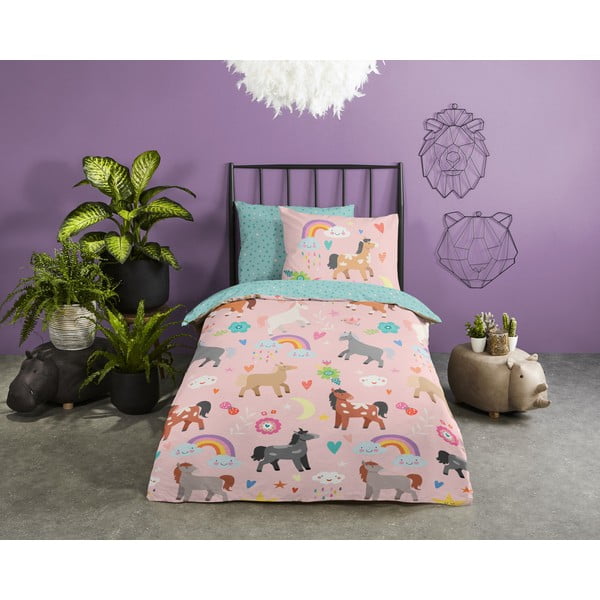 Růžové/tyrkysové bavlněné dětské povlečení na jednolůžko/prodloužené 140x220 cm Horses – Good Morning-image-1