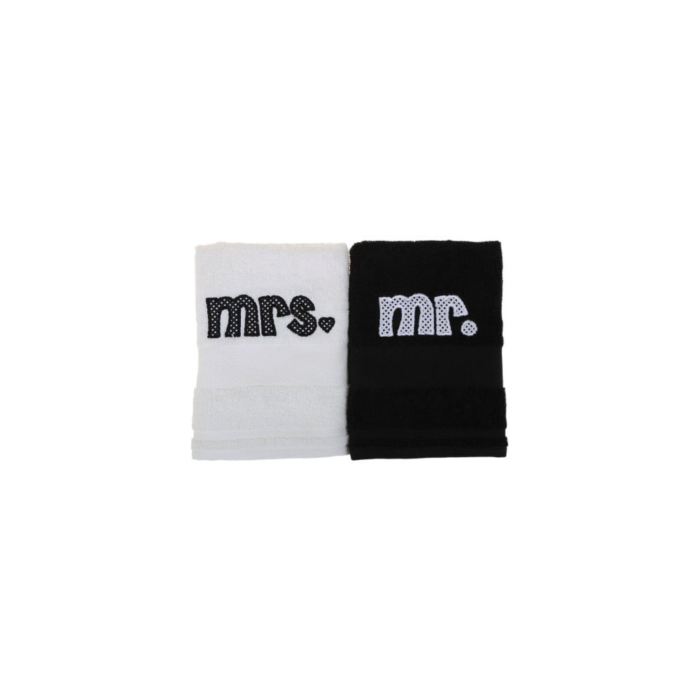 Sada 2 černo-bílých ručníků Mr. and Mrs., 100x50 cm