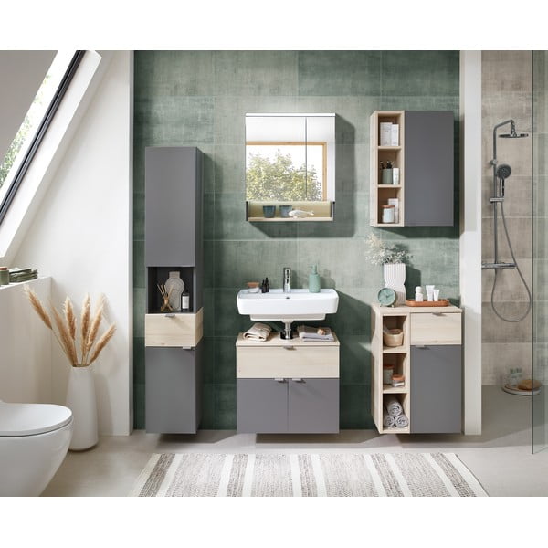 Šedá/v přírodní barvě závěsná koupelnová skříňka v dekoru borovice 70x45 cm Quickset 394 – Pelipal-image-1