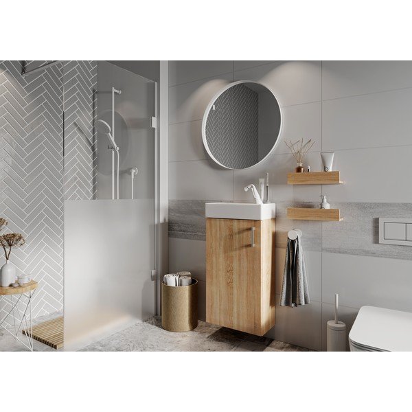 Nízká závěsná skříňka s umyvadlem bez baterie v dekoru dubu v přírodní barvě 40x79 cm Oia – STOLKAR-image-1