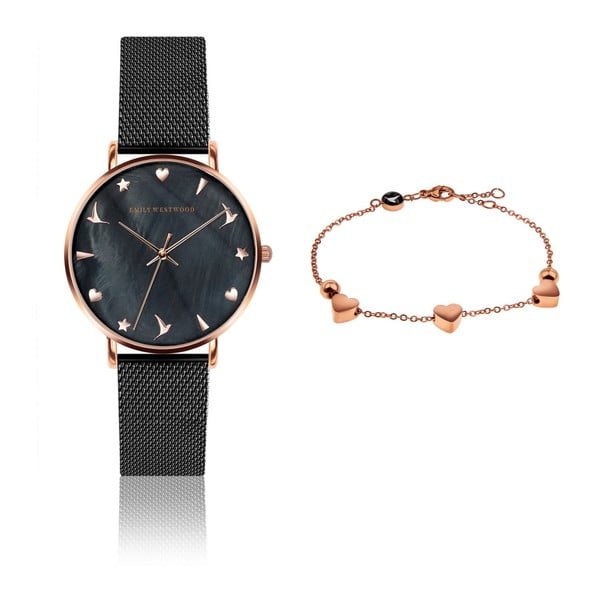 Set dámským hodinek s nerezovým páskem v černé barvě a náramku Emily Westwood Laro