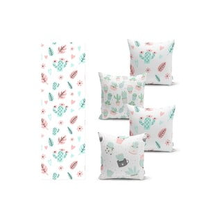 Set 4 povlaků na polštář a běhounu na stůl s příměsí bavlny Minimalist Home World