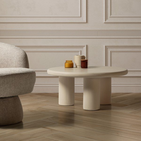 Krémový kulatý konferenční stolek v dekoru kamene ø 80 cm Iriel – MOME-image-1