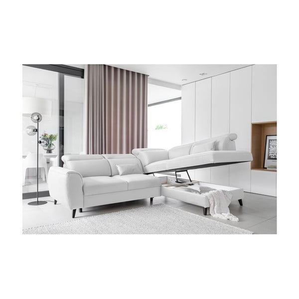 Bílá sametová rozkládací/s úložným prostorem rohová pohovka (pravý roh/do L) Noble – ELTAP-image-3