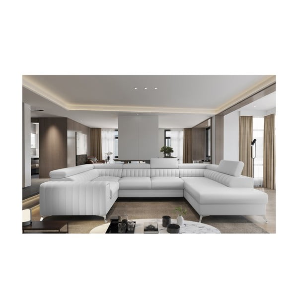 Bílá rozkládací/s úložným prostorem rohová pohovka z imitace kůže (pravý roh/do "U") Louis – ELTAP-image-1