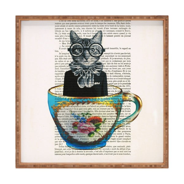 Dřevěný dekorativní servírovací tác Cat In Mug, 40 x 40 cm