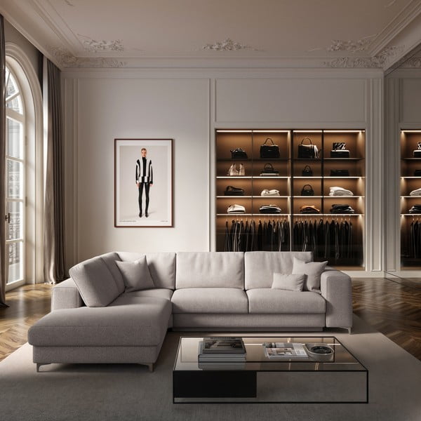 Světle šedá rozkládací/s úložným prostorem rohová pohovka z textilie bouclé (levý roh/do L) Rene – Rodier-image-1