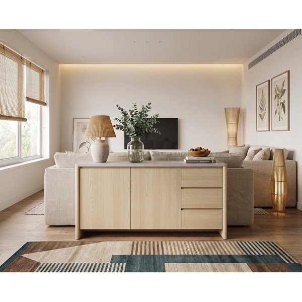 Bílá/ve světle přírodní barvě komoda v dekoru dubu 163x80x45 cm Dore – Marckeric-image-1