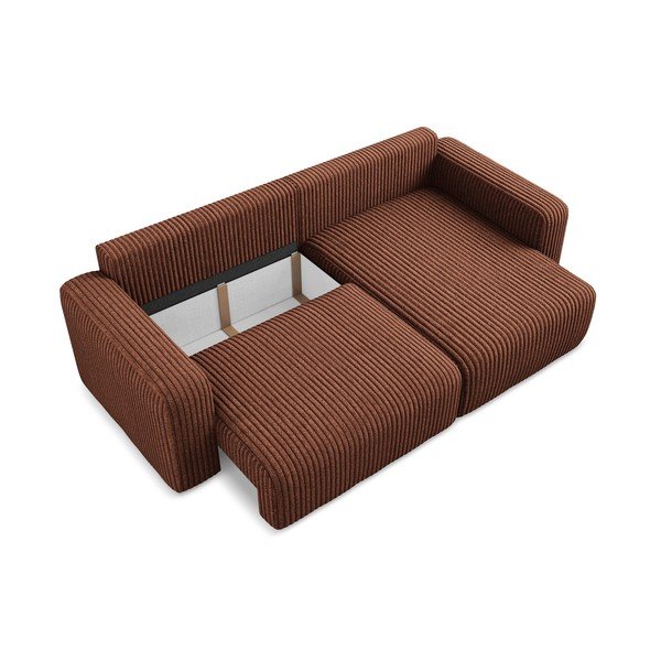 Manšestrová rozkládací/s úložným prostorem rohová pohovka v terakotové barvě (pravý roh/s lenoškou) Kona – Makamii-image-4