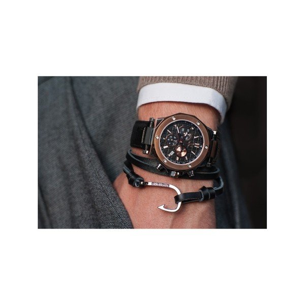 Pánský černý náramek z pravé kůže s komponentem ve stříbrné barvě Monomen Hook-image-2