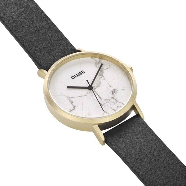 Dámské hodinky s černým koženým řemínkem a bílým mramorovým ciferníkem Cluse La Roche Star-image-1