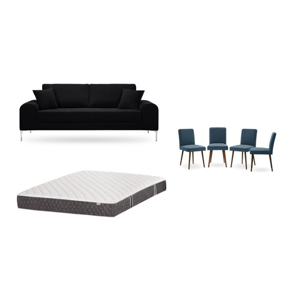 Set třímístné černé pohovky, 4 modrých židlí a matrace 160 x 200 cm Home Essentials