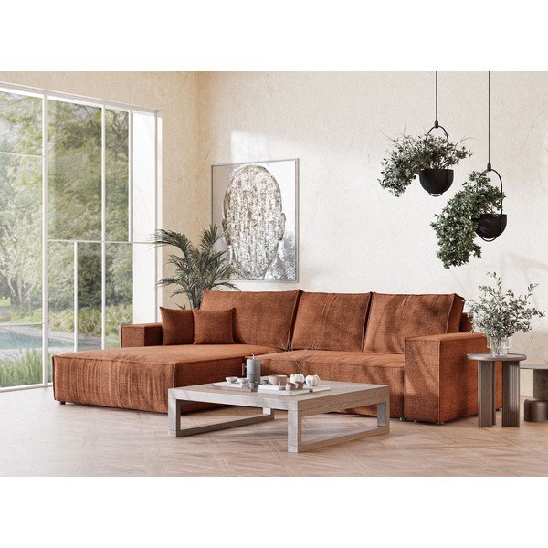 Žinylková rozkládací/s úložným prostorem rohová pohovka v měděné barvě (levý roh/s lenoškou) Maze – Maison de Rêve-image-1