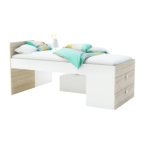 Bílá jednolůžková postel s úložným prostorem a detaily ve dřevěném dekoru 13Casa Fox, 90 x 200 cm
