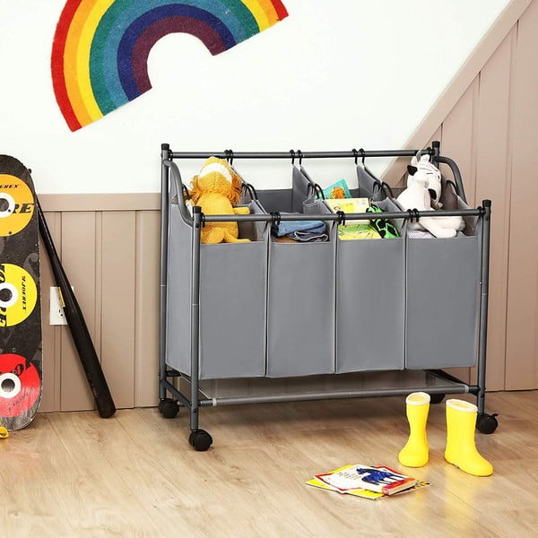 Šedý koš s kolečky a 4 segmenty na prádlo Songmics-image-1