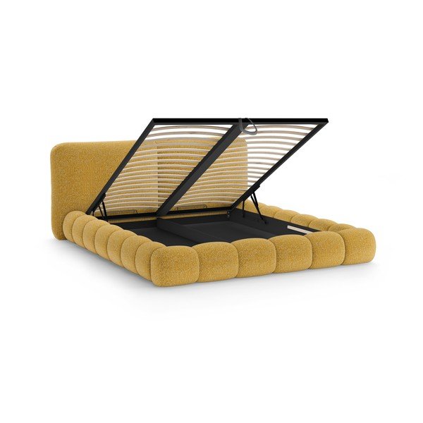 Čalouněná dvoulůžková postel s úložným prostorem s roštem 160x200 cm v hořčicové barvě Solange – Micadoni -image-2