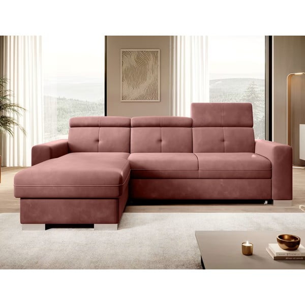Růžová sametová rozkládací/s úložným prostorem rohová pohovka (levý roh/s lenoškou) Fresia – ELTAP-image-1
