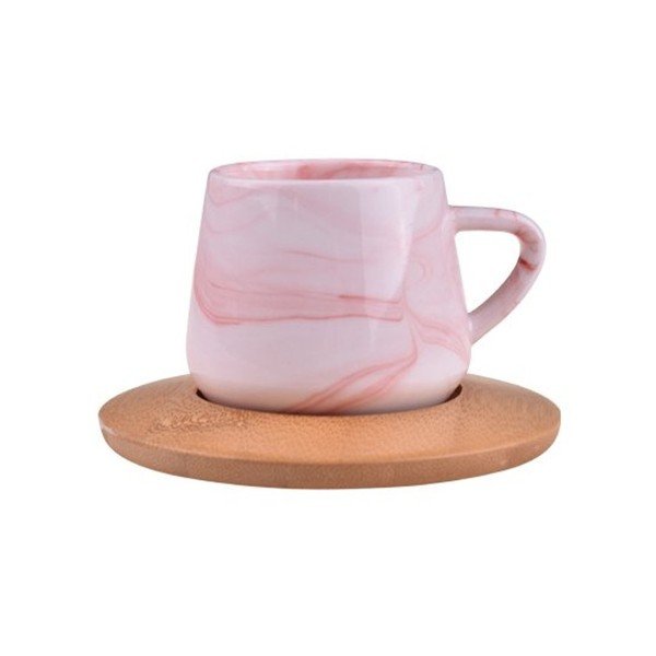 Sada 6 světle růžových porcelánových hrnků s bambusovými podtácky Bambum Ebru-image-1