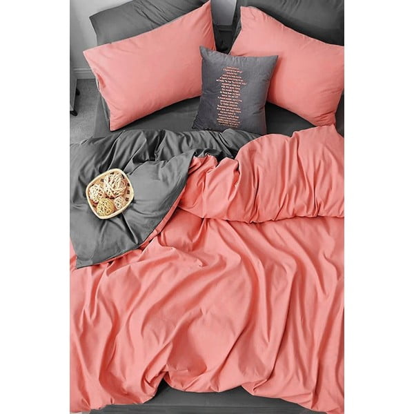 Bavlněné povlečení na dvoulůžko/prodloužené s prostěradlem v lososové barvě/šedé 200x220 cm – Mila Home-image-3