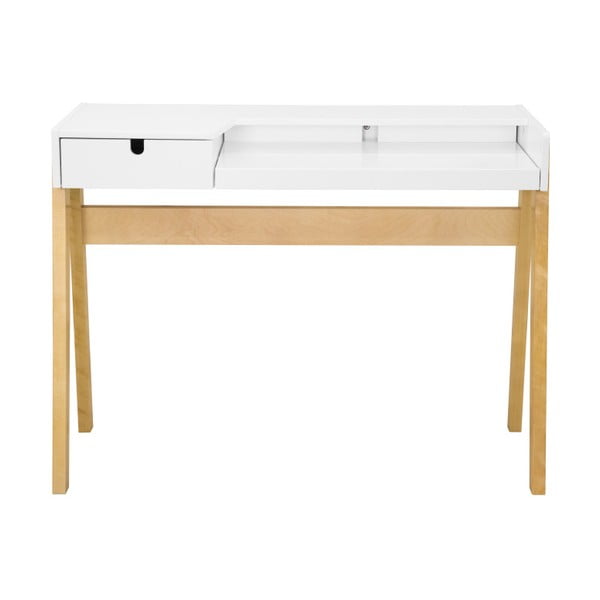 Bílý pracovní stůl s konstrukcí z březového dřeva We47 Hansa, 111,5 x 41,5 cm