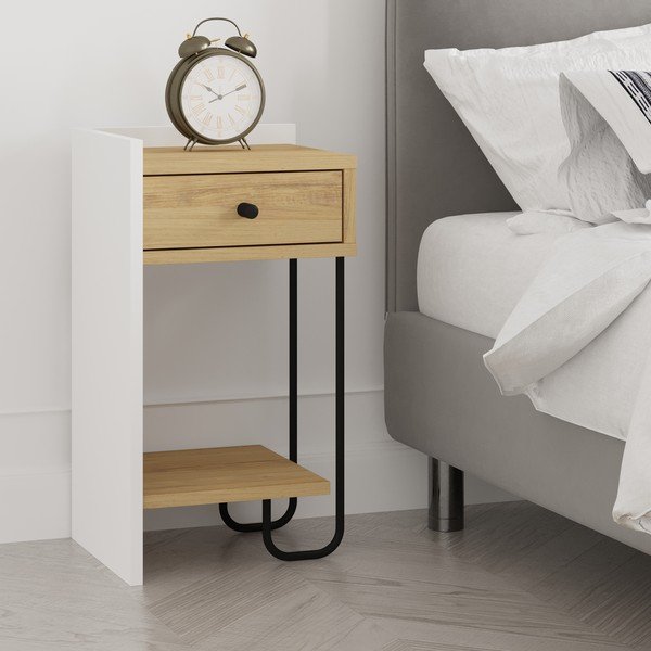 Bílý/v přírodní barvě noční stolek v dekoru dubu s poličkami Mercure – Marckeric-image-4