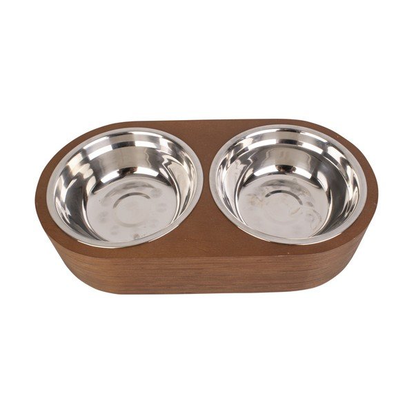 Sada 2 kovových misek v tmavém dřevěném podstavci PT LIVING Pet, šířka 18 cm