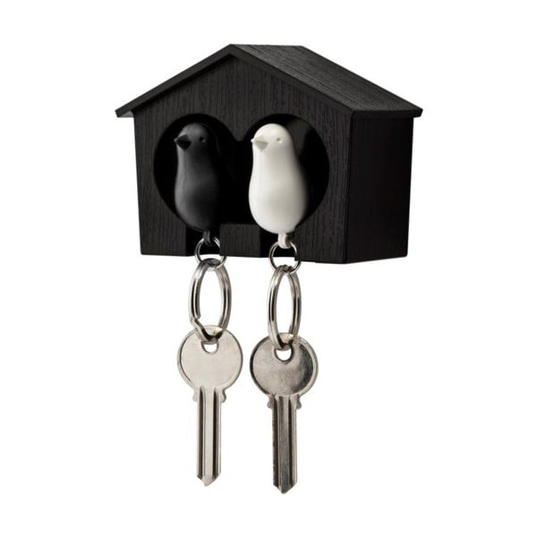 Hnědý věšáček na klíče s bílou a černou klíčenkou Qualy Duo Sparrow