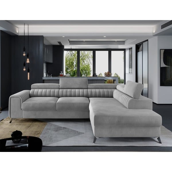 Šedá sametová rozkládací/s úložným prostorem rohová pohovka (pravý roh/do L) Laurence – ELTAP-image-1