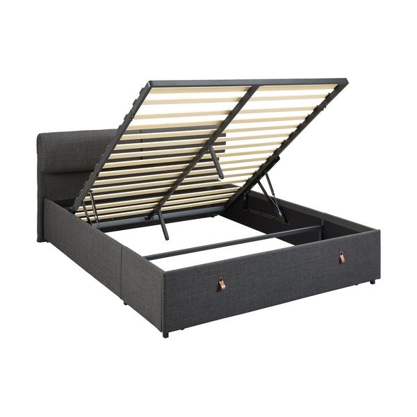 Tmavě šedá čalouněná dvoulůžková postel s úložným prostorem s roštem 160x200 cm Calvi – Actona-image-3