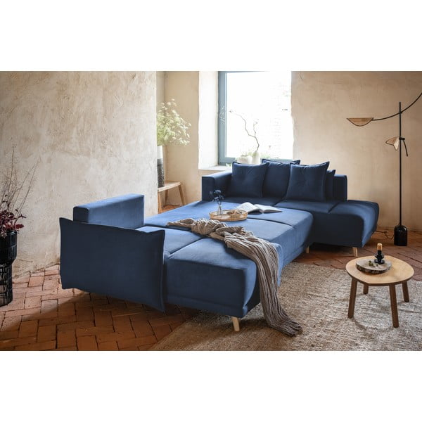 Tmavě modrá manšestrová rozkládací rohová pohovka (pravý roh/do "U") Lazy Lukka – Miuform-image-4