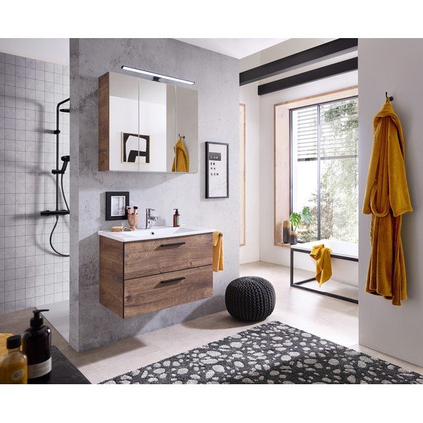 Hnědá závěsná koupelnová skříňka se zrcadlem 75x70 cm Set 374 - Pelipal-image-1