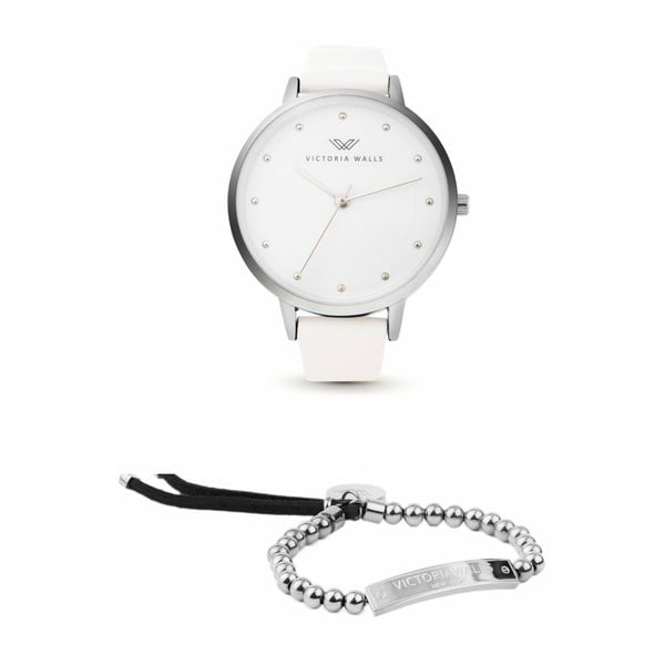 Set dámských hodinek s bílým koženým řemínkem a náramku Victoria Walls Alice