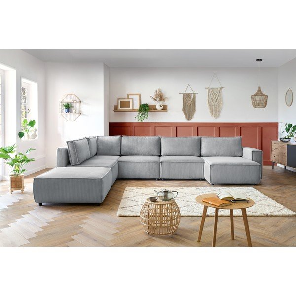 Světle šedá manšestrová rohová pohovka do "U", levý roh Nihad modular – Bobochic Paris-image-1