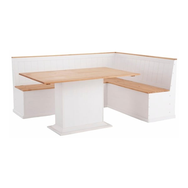 Set bílého jídelního stolu a lavice z masivního borovicového dřeva Støraa Silas