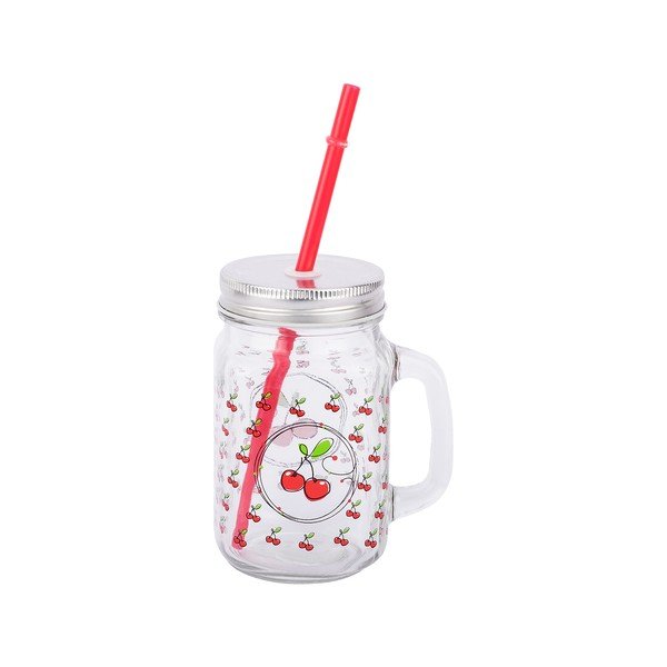 Skleněná mason jar s brčkem Tantitoni Cherry, 475 ml