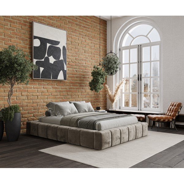 Béžová čalouněná dvoulůžková postel s úložným prostorem s roštem 160x200 cm Aruba L – Maison de Rêve-image-1