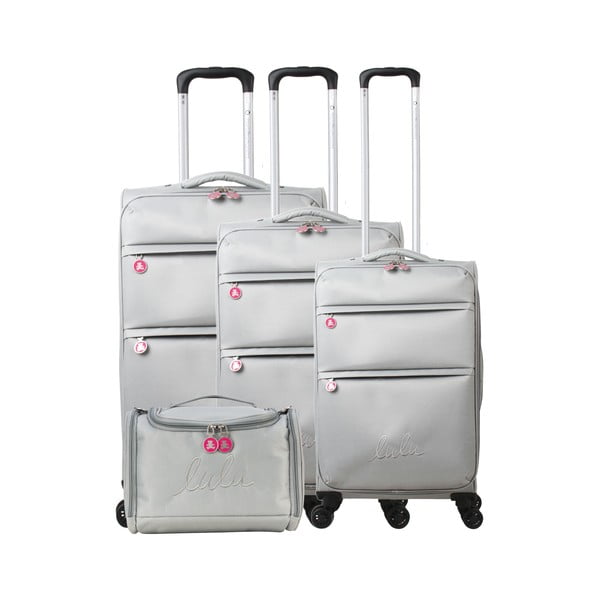 Set 3 šedých zavazadel na 4 kolečkách a kosmetického kufříku Lulucastagnette Bella