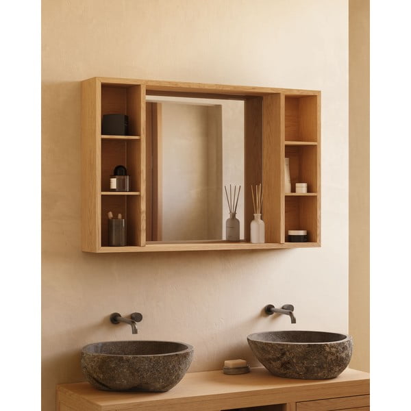 Závěsná koupelnová skříňka se zrcadlem z teakového dřeva v přírodní barvě 100x65 cm Parana – Kave Home-image-3