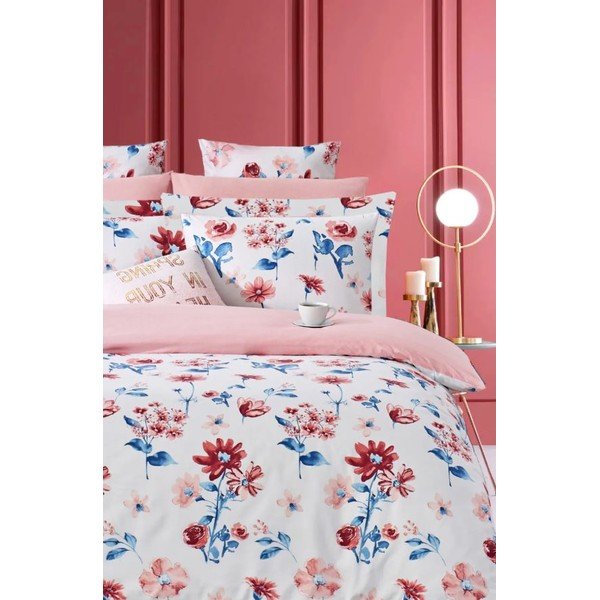 Bílo-růžové prodloužené povlečení na dvoulůžko z bavlny Renforcé s prostěradlem/4dílné 200x220 cm – Mila Home-image-1