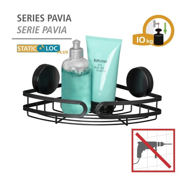 Černá rohová police do koupelny Wenko Static-Loc® Pavia, šířka 27 cm-image-4