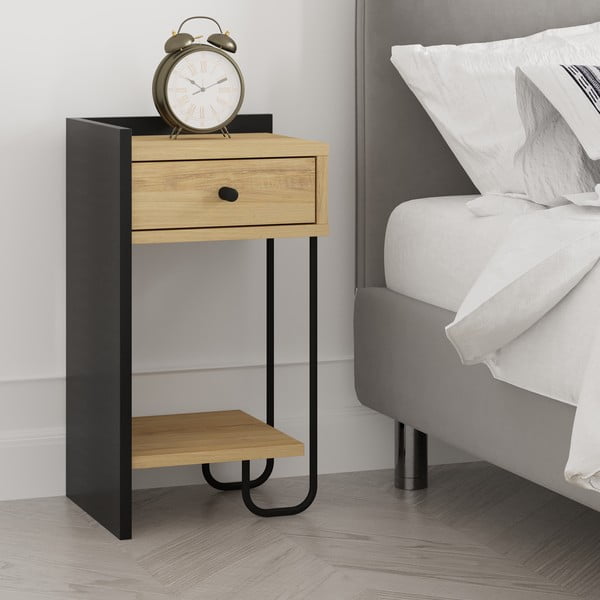 Černý/v přírodní barvě noční stolek v dekoru dubu s poličkami Mercure – Marckeric-image-1